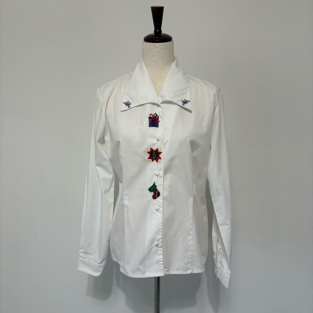 Vintage Baxter & Wells Embroidered Holiday Long Sleeve Button Up Blouse Sz 10